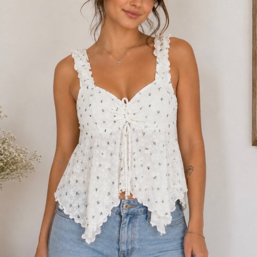 Heart Hips White Floral Lace Fairycore Coquette Babydoll Tank Top S
